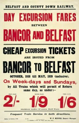 lrish Railway Timetable Poster, Bangor and Belfast, Northern Ireland