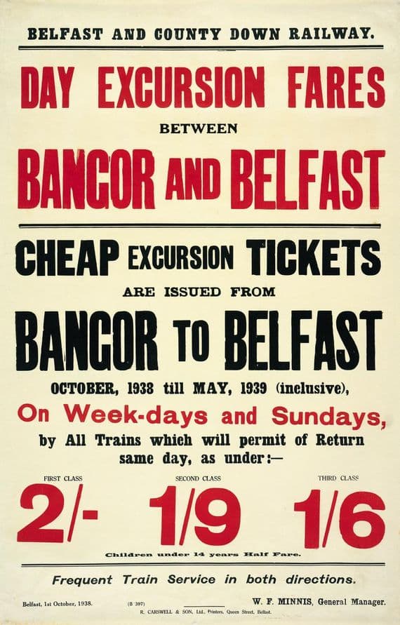 lrish Railway Timetable Poster, Bangor and Belfast, Northern Ireland