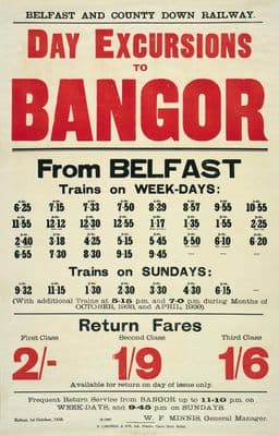 lrish Railway Timetable Poster, Day Excursions to Bangor From Belfast, Northern Ireland
