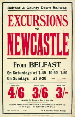 lrish Railway Timetable Poster, Excursions To Newcastle From Belfast,  Northern Ireland