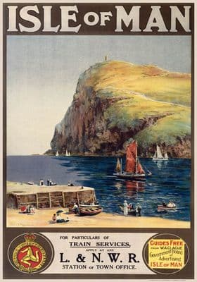 Milner's Tower, Bradda Head, Isle of Man. Vintage LNWR Travel poster by Sam J M Brown.