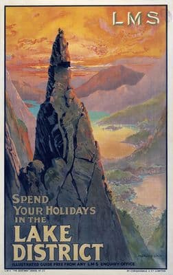 Napes Needle, Great Gable, Lake District, Cumbria. Vintage LMS Travel poster by Montague Birrell Black
