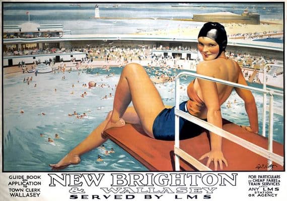 New Brighton, Wallasey, Merseyside, Cheshire Coast. LMS Vintage Travel Poster by Septimus E Scott
