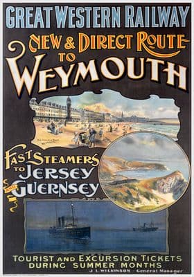 New & Direct Route to Weymouth, Dorset. GWR Travel Poster by Alec Fraser