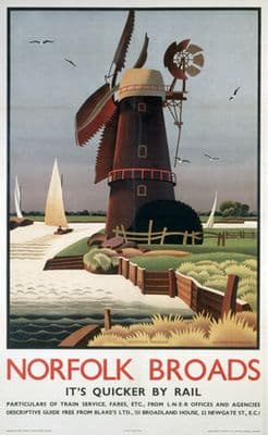 Norfolk Broads, Windmill. Vintage LNER Travel poster by Alison McKenzie. 1939