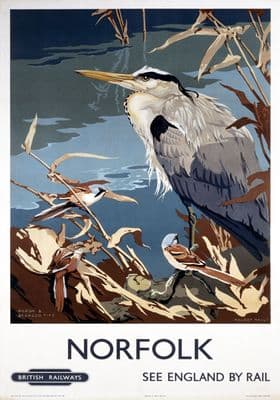 Norfolk, Heron & Bearded Tits. Vintage BR Travel poster by Talbot Kelly.