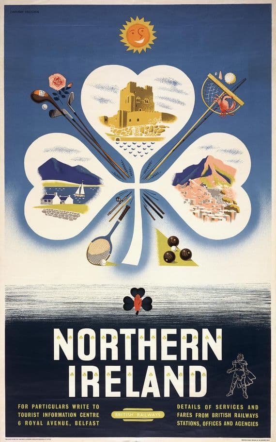 Northern Ireland Landmarks. Vintage BR Irish Shamrock Travel poster