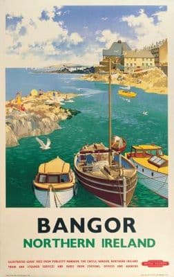 Northern Irish Travel Poster Bangor Pier, County Down, boats, Ireland