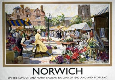 Norwich Flower Market, Norfolk. LNER Vintage Travel Poster by William Lee-Hankey. 1935