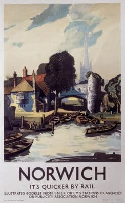 Norwich, Norfolk. Vintage English LNER Travel Poster by Rowland Hilder. 1940