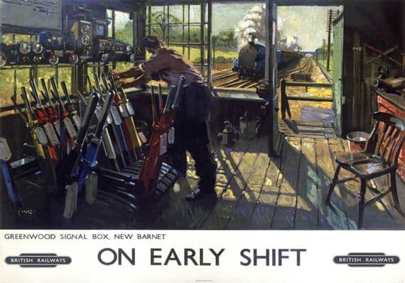 On Early Shift, Greenwood Signal box, New Barnet, London. BR Vintage Travel Poster by Terence Cuneo