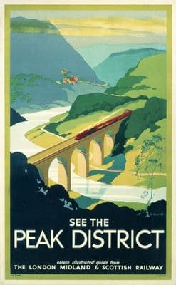 Peak District, England by London Midland & Scottish Railway. English Railway Travel Poster,See The Peak District
