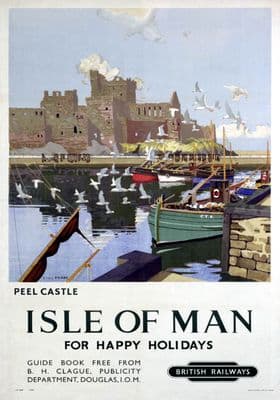 Peel Castle, St Patrick's Isle, Isle of Man. Vintage BR Travel Poster by Charles Pears. 1949.