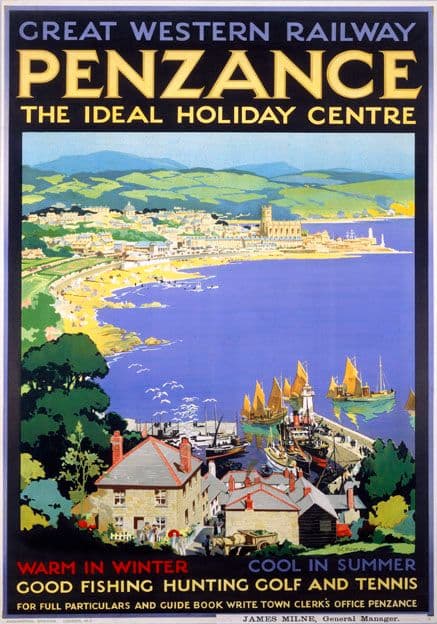 Penzance, The Ideal Holiday Centre, Cornwall. GWR Vintage Travel Poster by SC Rowles. 1927