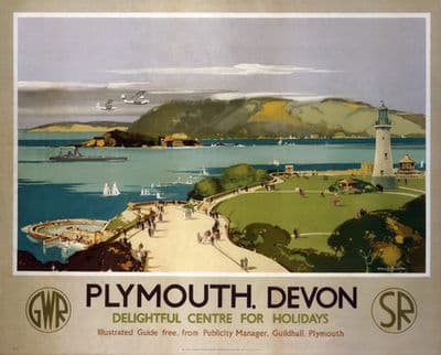 Plymouth, Devon. Vintage GWR and SR Travel poster by Claude Buckle. 1938