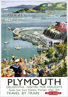 Plymouth Harbour, Devon. Vintage BR(WR) Travel poster by Harry Riley. c1958