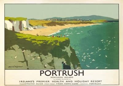 Portrush, White Rocks Beach, County Antrim, Northern Ireland. Vintage LMS Irish Travel poster by Norman Wilkinson