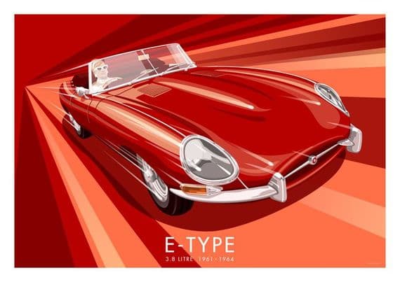 Red E Type Jaguar (Jag) 3.8 Litre 1961- 1964 Vintage Inspired car poster by Stephen Millership