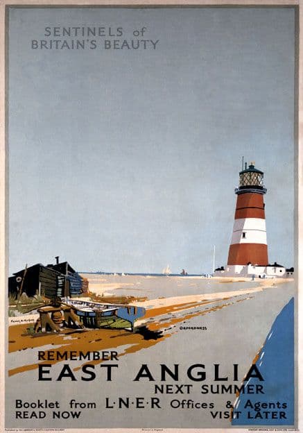 Remember East Anglia Next Summer, Orfordness Lighthouse, Suffolk. Vintage LNER Travel poster by Frank H Mason