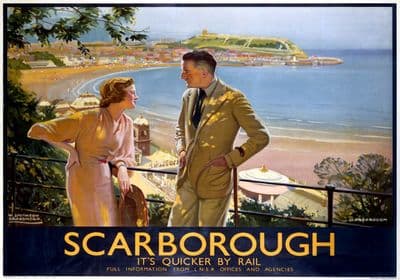 Scarborough, Yorkshire. It's Quicker By Rail. LNER Vintage Travel Poster by W Smithson Broadhead