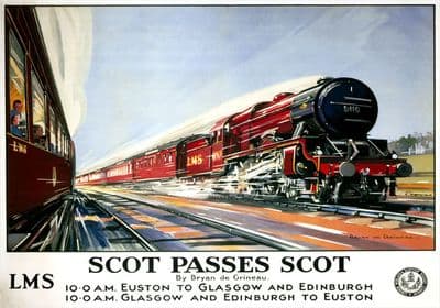 Scot Passes Scot. LMS Vintage Travel Poster by Bryan de Grineau. 1937