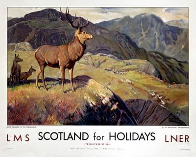 Scotland For Holidays, Deer Stalking in the Highlands, Scottish Railway Travel Art Poster Print, LMS