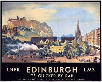 Scottish Railway Travel Poster Print, Edinburgh it's Quicker by Rail.  LNER