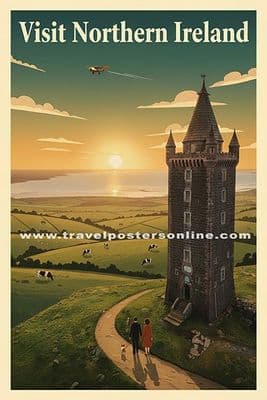 Scrabo Tower Strangford Lough, County Down, Northern Ireland Vintage inspired retro travel poster (1)