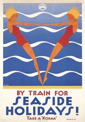 Seaside Holidays by train, vintage tourism poster