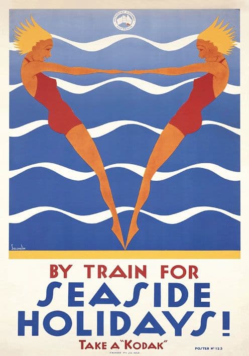Seaside Holidays by train, vintage tourism poster