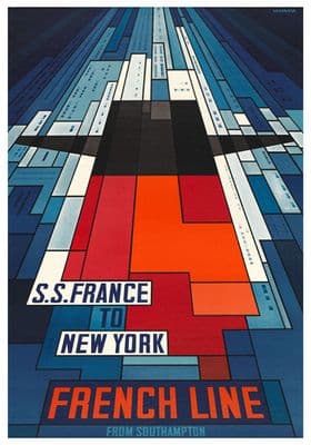 Shipping Poster, French Line from Southampton: S.S. France to New York. By John Bainbridge