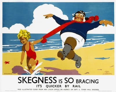 Skegness is So Bracing, It's quicker by Rail. English Railway Travel Poster Art Print.
