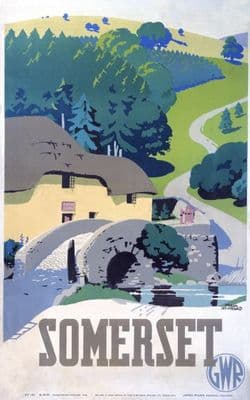 Somerset, England. Travel by Train.  Great Western Railways Travel Poster