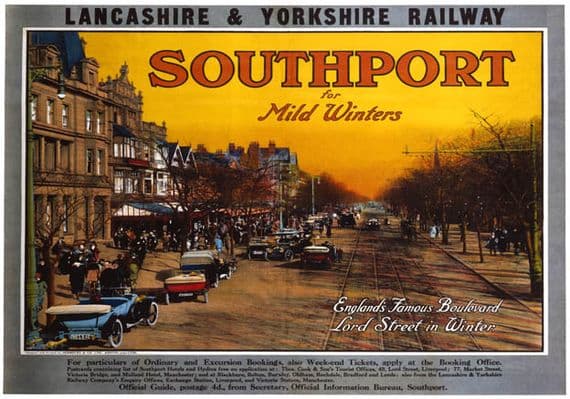 Southport for Mild Winters, Merseyside. LYR Vintage Travel Poster print 1918