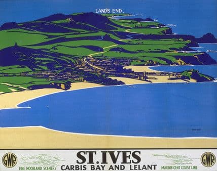 St Ives Carbis Bay & Lelant, Cornwall. Vintage GWR Travel poster by Borlase Smart. 1935