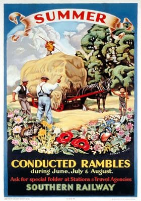Summer, Conducted Rambles. SR Vintage Travel poster by Audrey Weber. 1936
