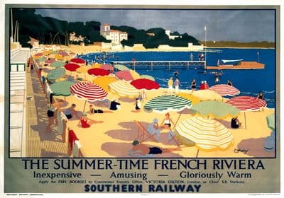 Summer-Time French Riviera. SR Vintage Travel Poster by F Whatley. 1928