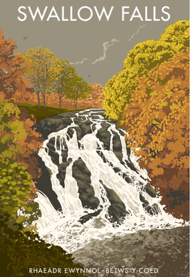 Swallow Falls, Wales.Afon Llugwy near Betws-y-Coed Vintage inspired poster, Stephen Millership