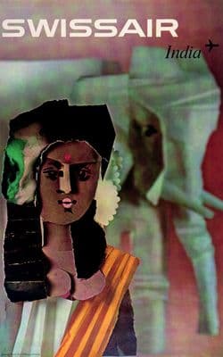 Swiss Air India Travel Art Poster, Elephant and Indian Lady