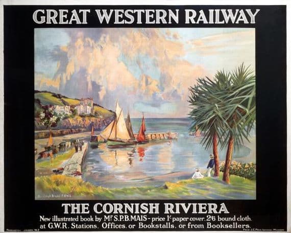 The Cornish Riviera, Cornwall. Vintage GWR Travel poster by L Burleigh Bruhl. c1928