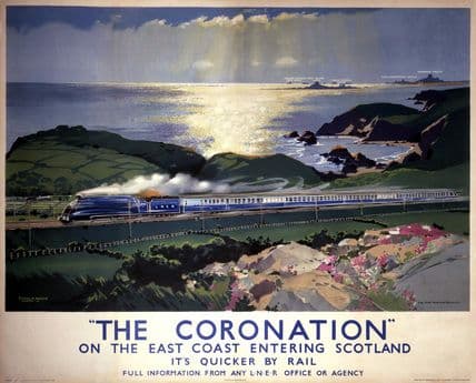 The Coronation on the east coast entering Scotland, Scottish Railway Travel Art Poster Print