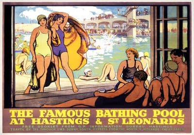 The Famous Bathing Pool, Hastings & St Leonards, Sussex. Vintage LMS Travel poster