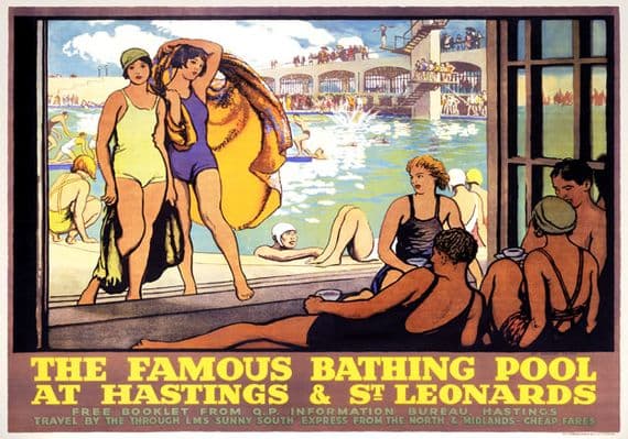 The Famous Bathing Pool, Hastings & St Leonards, Sussex. Vintage LMS Travel poster