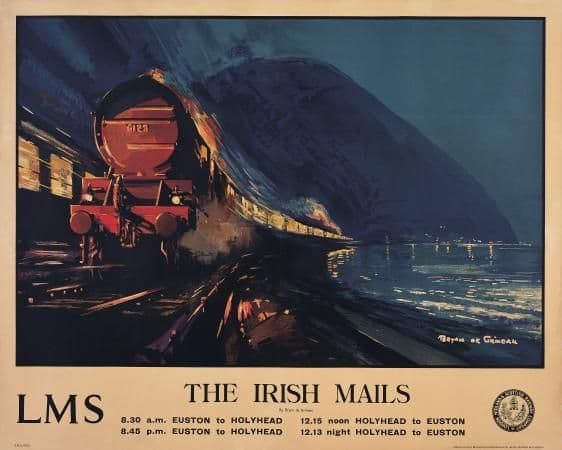 The Irish Mails, Railway Travel Poster, Shows The Irish mail trains passing in the night by LMS