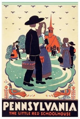 The Little Red Schoolhouse, Pennsylvania. Vintage Pennsylvania travel poster.