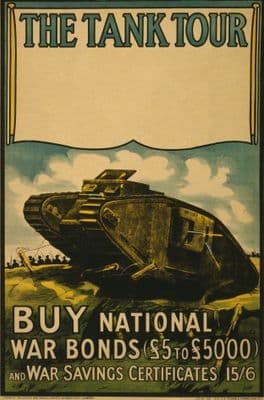 The tank tour. Buy national war bonds and war savings certificates. Vintage WW1 Poster.