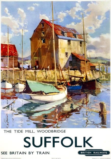 The Tide Mill, Woodbridge, Suffolk. Vintage BR Travel poster by Jack Merriott