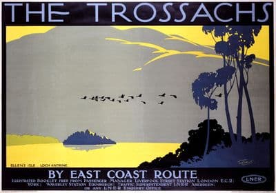 The Trossachs, Ellen's Isle, Loch Katrine. Vintage LNER Travel Poster by Tom Purvis