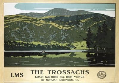 The Trossachs, Loch Katrine and Ben Venue. LMS Vintage Travel Poster by Norman Wilkinson