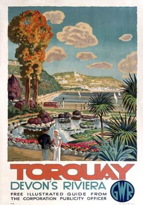 Torquay, Devons Riviera. GWR Vintage Travel Poster by Martine. c1930